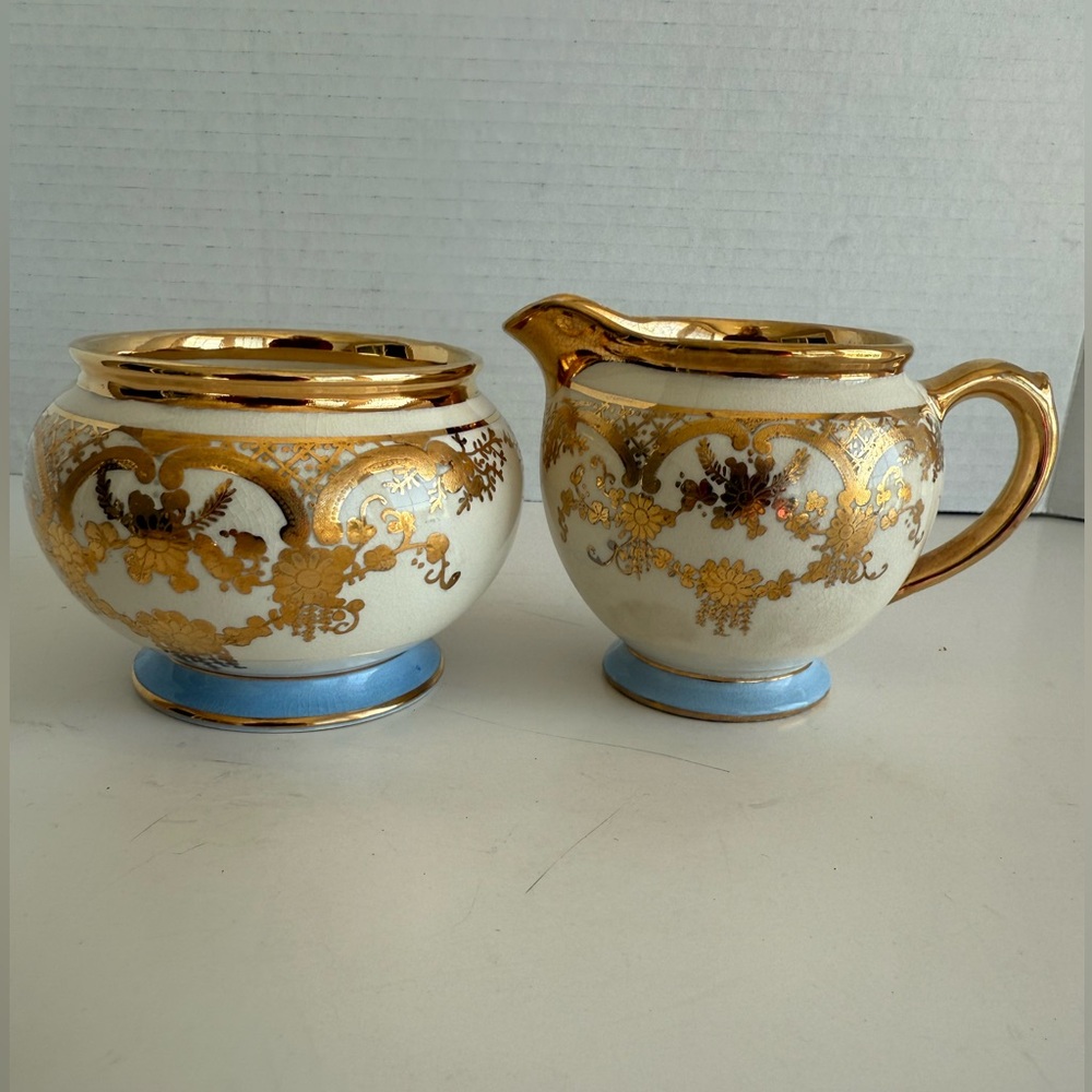 Vtg Gibsons Staffordshire Chelsea Creamer/Open Sugar Bowl Set Cream Blue Gold